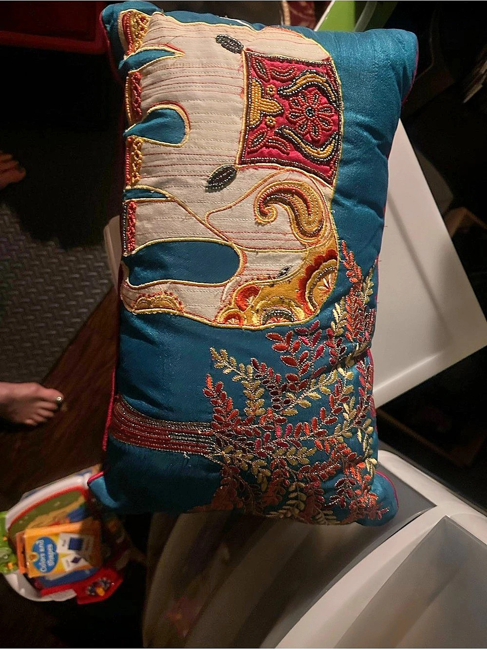 Embroidered Accent Pillow in Blue & Multicolor Like New